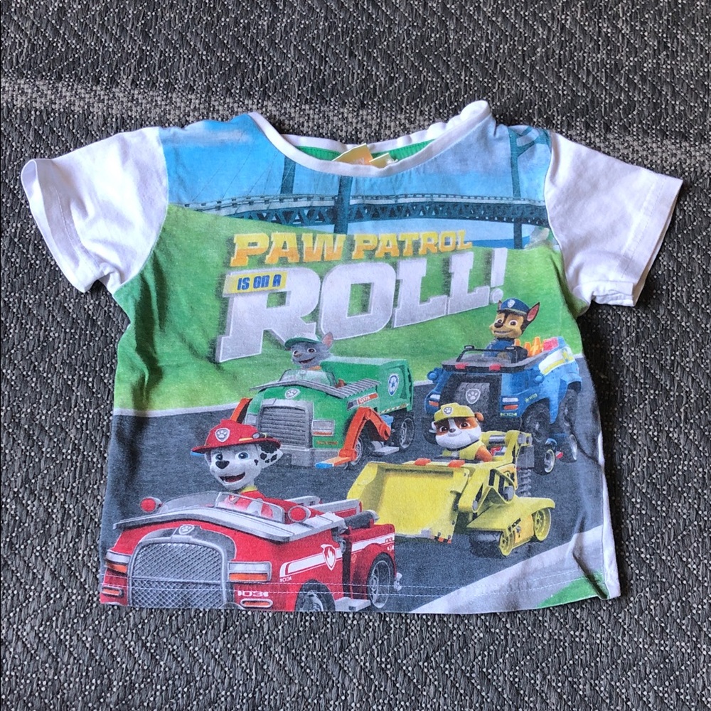 Paw Patrol Tee with Blue, Green, Yellow, Red & White Rescue Vehicles